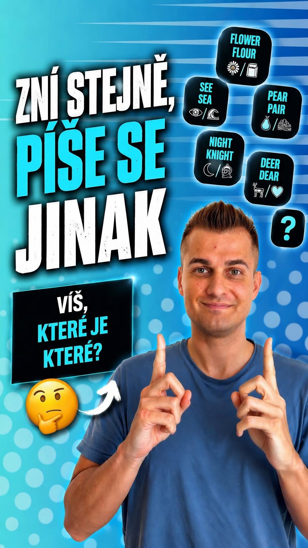 Věděl jsi, že tahle anglická slova vyslovuješ naprosto stejně? V angličtině se jim říká homofona. 

Při poslechu tě sice