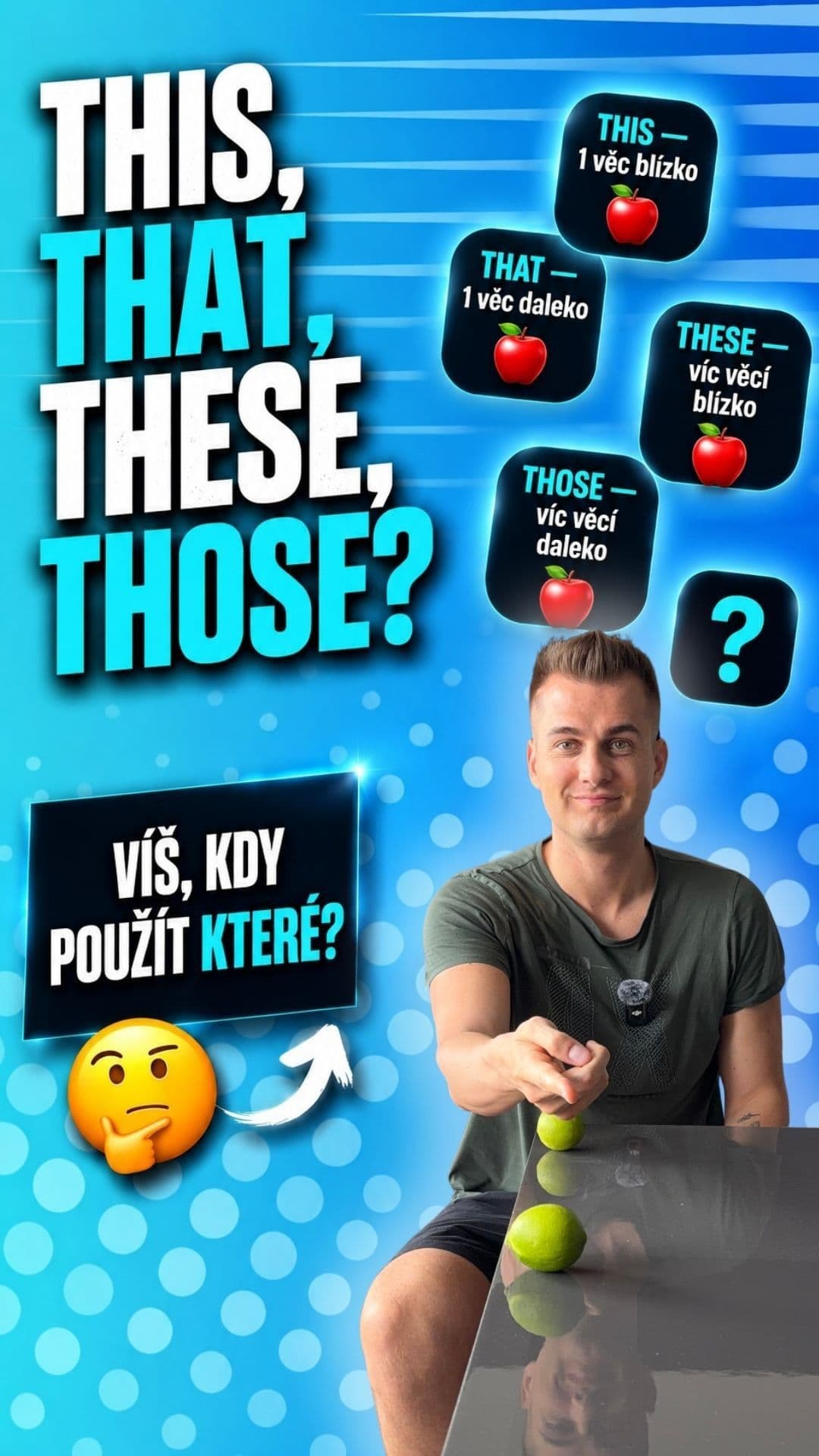 THIS, THAT, THESE, THOSE – pletou se ti ukazovací zájmena? 🍎
Stačí si zapamatovat jednoduché pravidlo:
—THIS = jedna vě