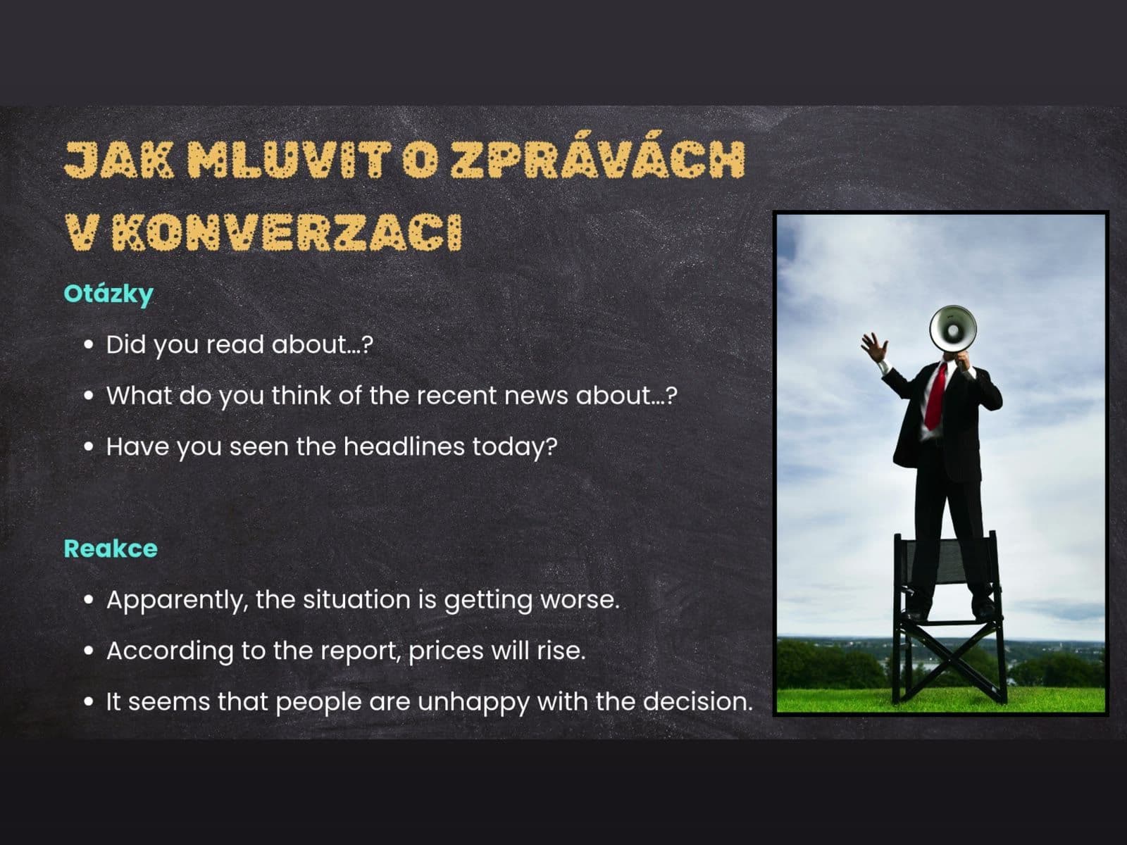 Snímek z výkladu: tabule „Jak mluvit o zprávách v konverzaci“ s anglickými frázemi na otázky a reakce.