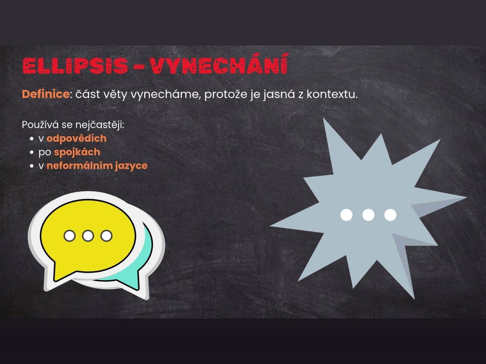Snímek z výkladu: tabule „Ellipsis – vynechání“ s definicí, třemi případy použití a ilustracemi bublin s výpustkou.