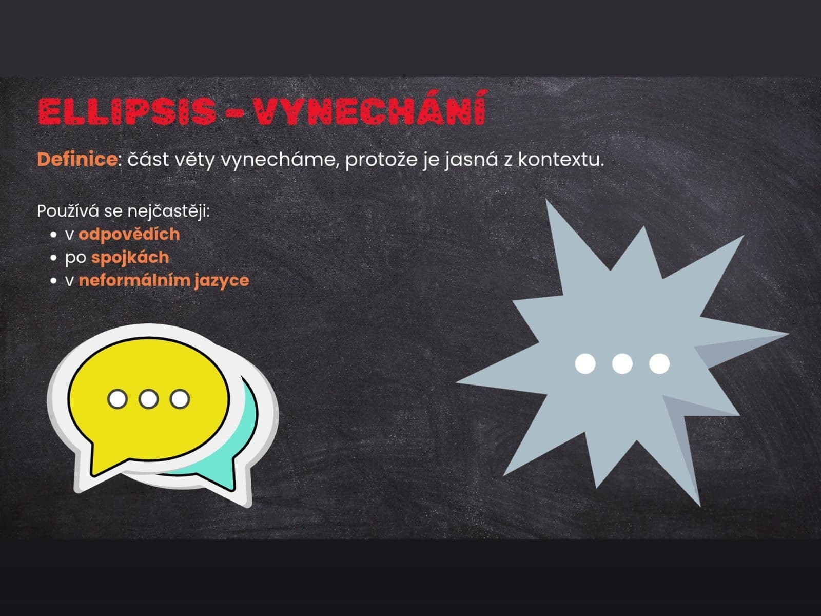 Snímek z výkladu: tabule „Ellipsis – vynechání“ s definicí, třemi případy použití a ilustracemi bublin s výpustkou.
